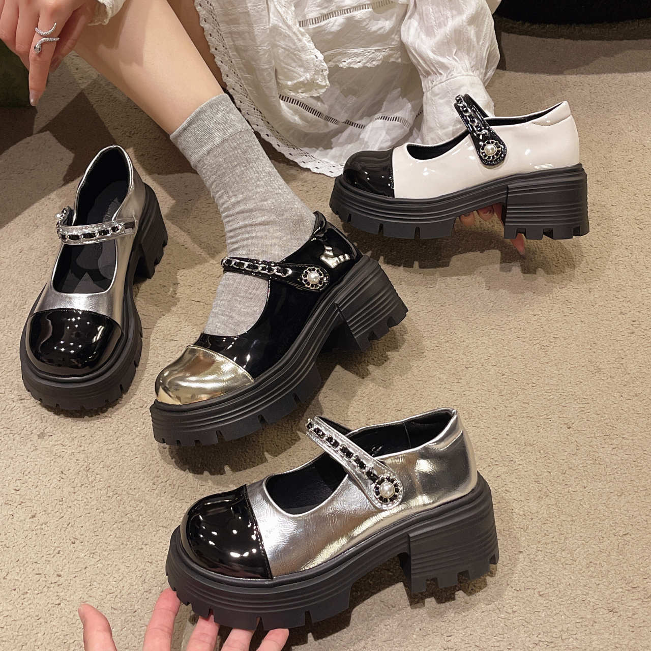 银色玛丽珍鞋一字带厚底单鞋制服日系jk小皮鞋胖脚宽脚女鞋