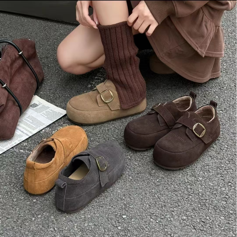 厚底勃肯鞋2025秋冬博肯魔术贴懒人鞋包头面包鞋女森系内单鞋女