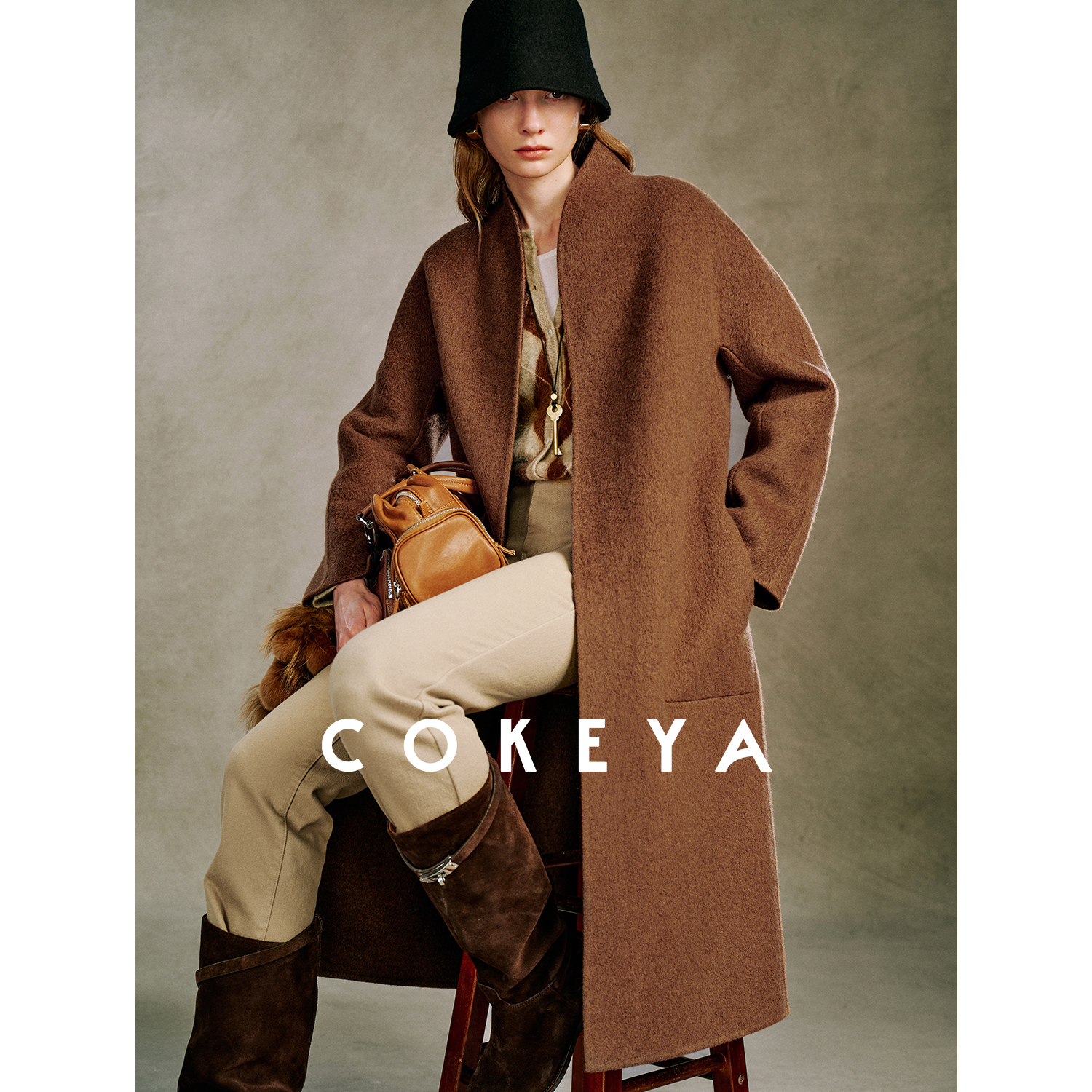 COKEYA/挪威画报~L*p嵿奢空气山羊绒双面双色两穿V字领呢大衣女冬