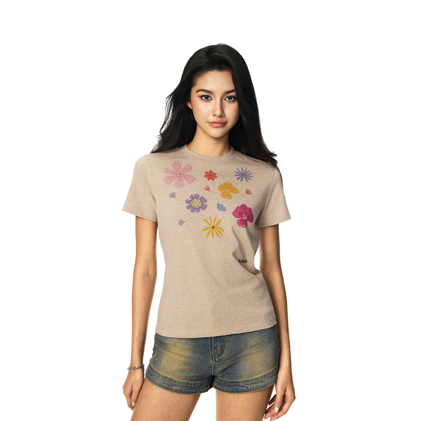【Achock官方店】花朵拓印正肩短袖T恤女士新款潮牌简约印花上衣
