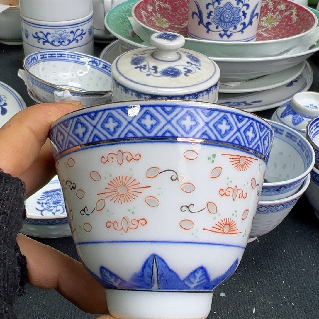 杯景德镇陶瓷青花玲珑加彩耳杯