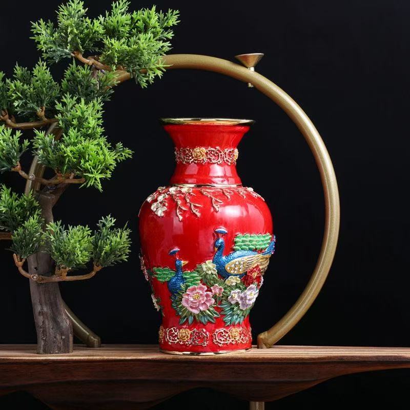 七宝烧中式轻奢珐琅彩创意书房孔雀花瓶景泰蓝龙凤花瓶装饰摆件