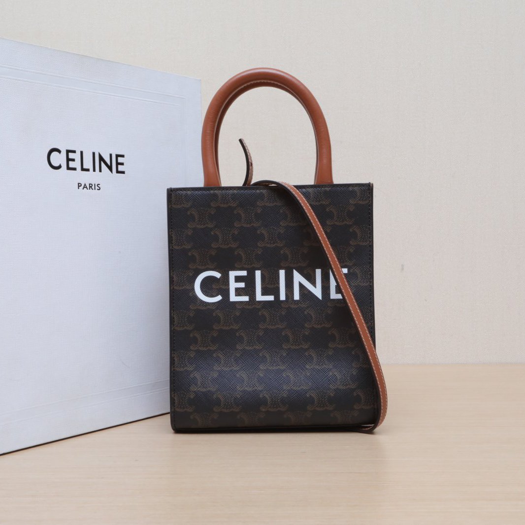 95新 Celine/思琳 【娇】竖款手袋 Mini 凯旋门印花 褐色 991889