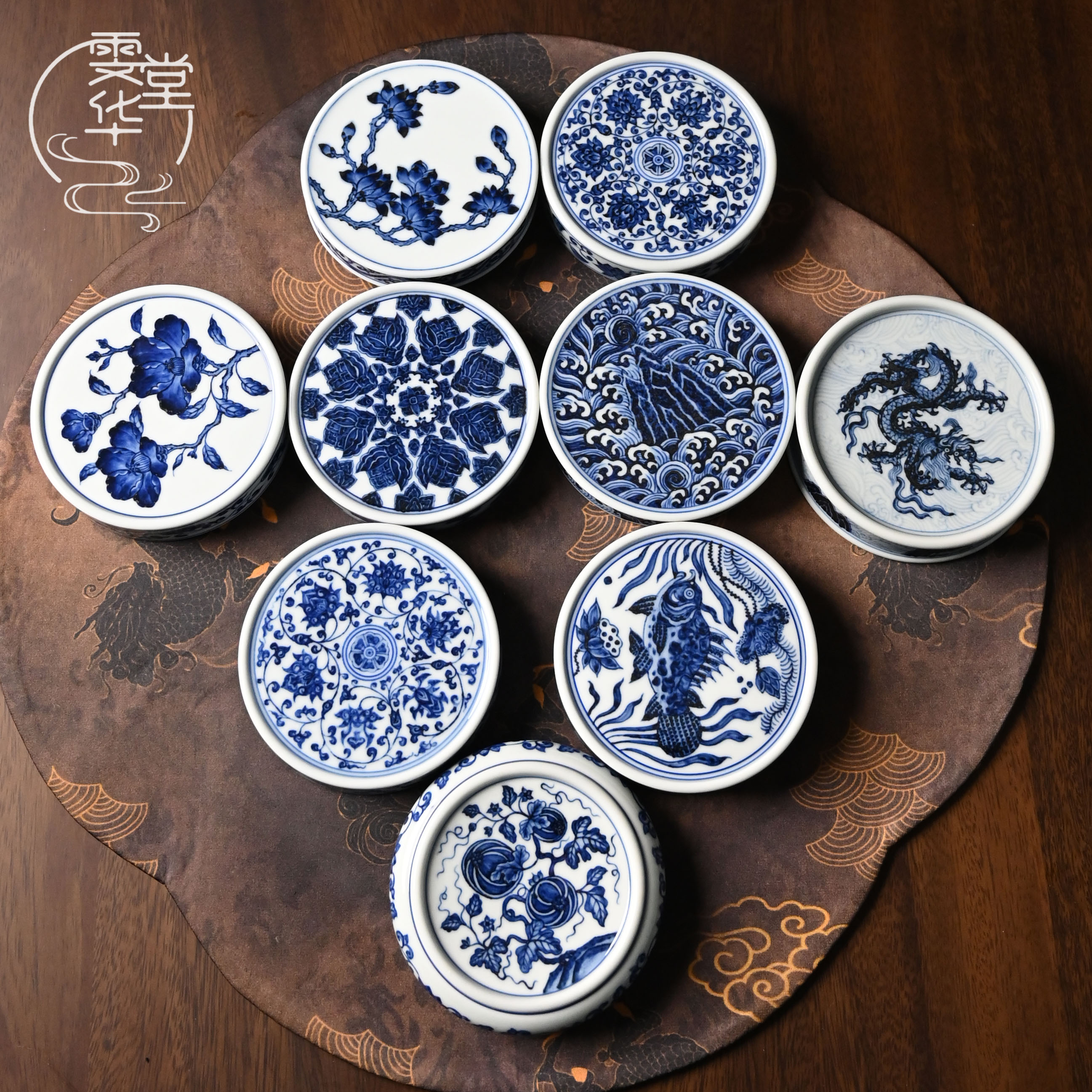 景德镇雯华堂手绘青花仿明花卉盖置龙纹盖置缠枝盖置合集