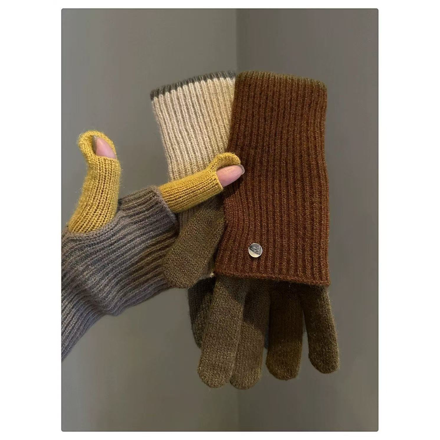 C23美拉德长短两用拼色针织毛线冬季露指可触屏保暖护腕骑行手套