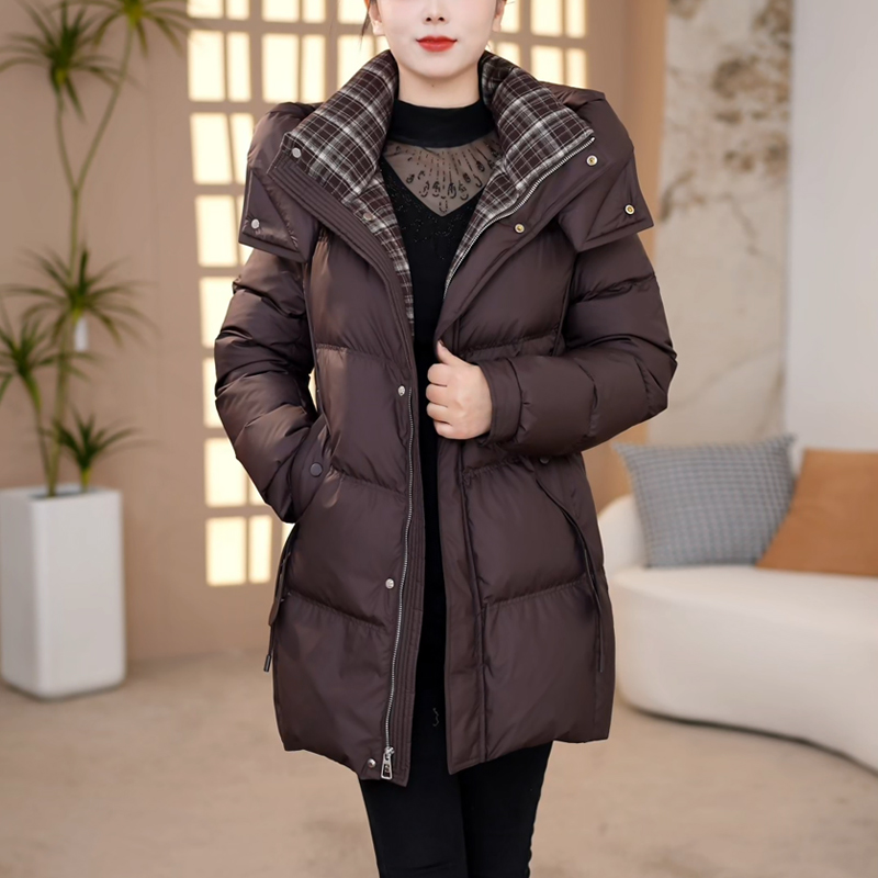 连帽羽绒服女冬季新款中长款加厚保暖宽松休闲拼色白鸭绒外套