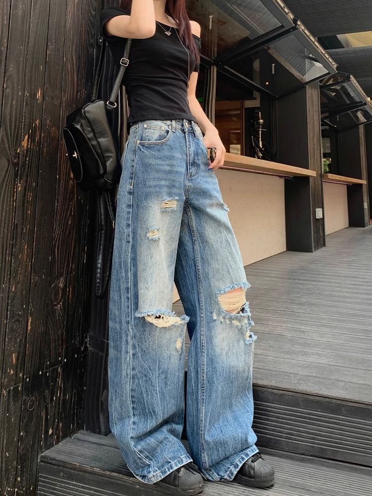 美式破洞牛仔裤女2025新款夏季复古宽松水洗直筒阔腿直筒拖地裤子