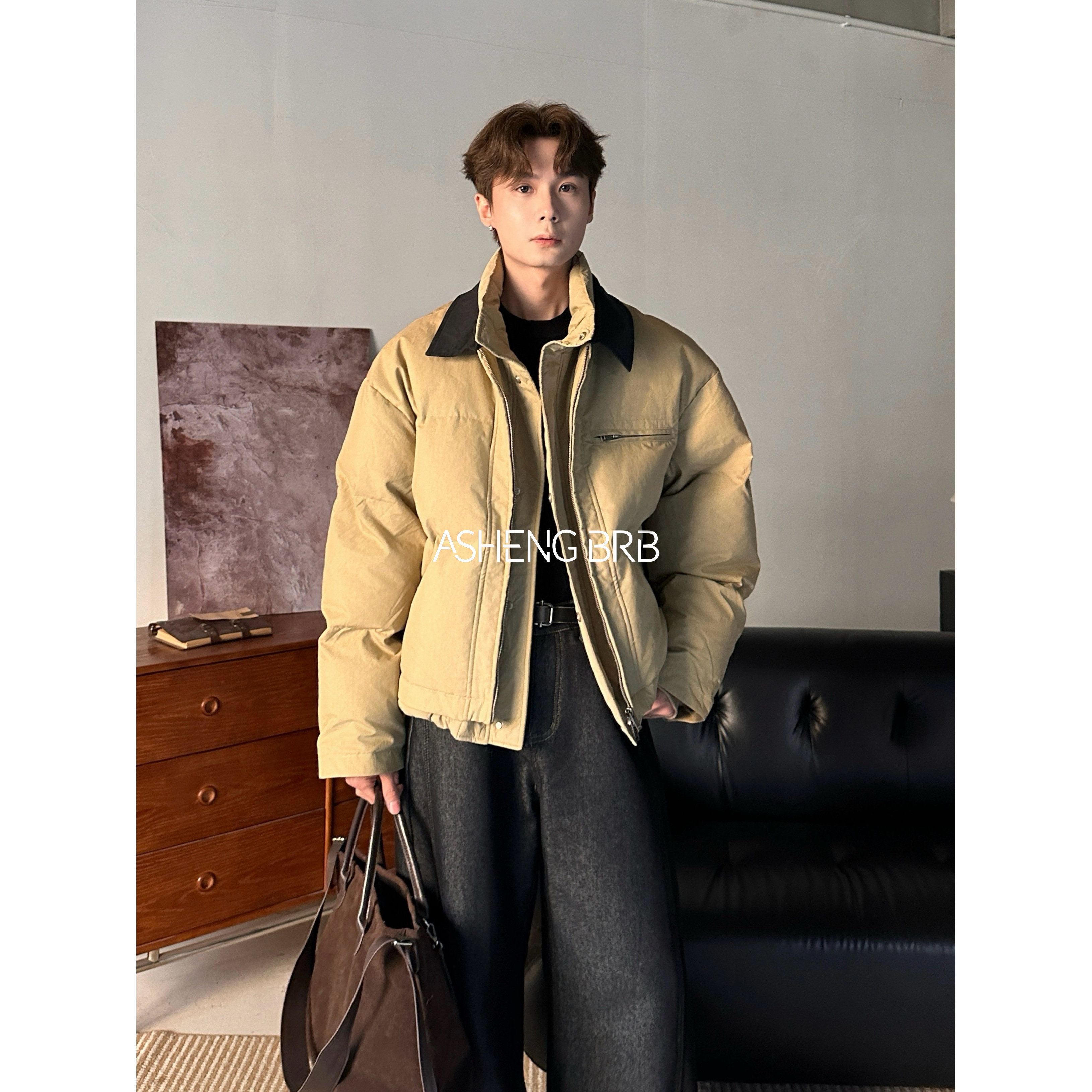 【ASHENG BRB】25A/W假两件羽绒服男夹克翻领立领叠穿设计宽松外套