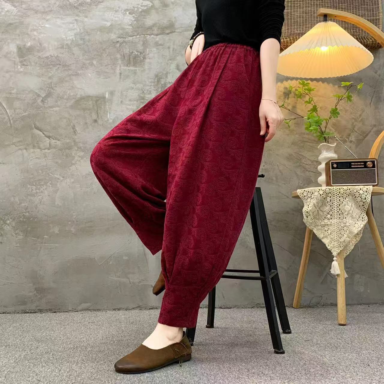 2025年冬季加绒/不加绒新款立体浮雕腰果花时尚百搭哈伦裤9分裤