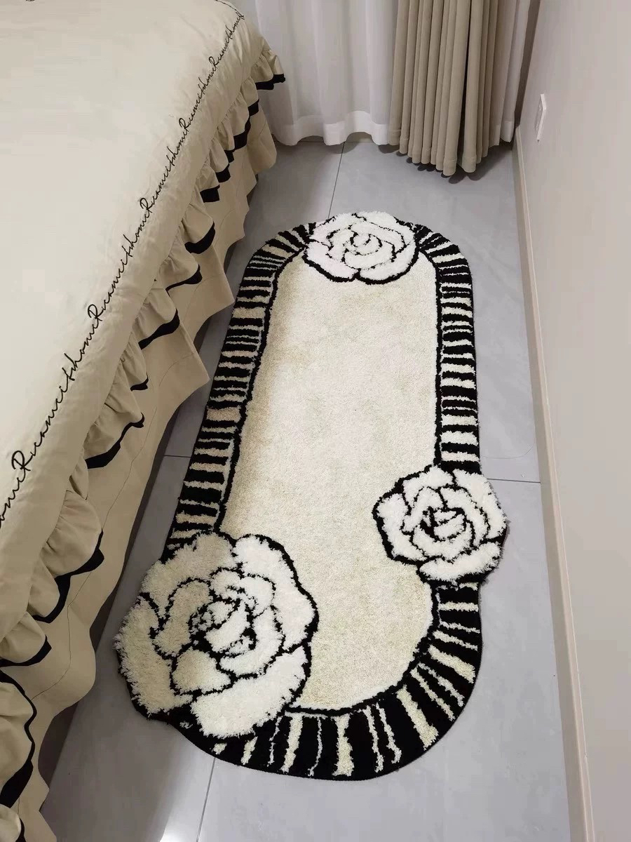 北欧奶油风山茶花植绒簇绒客厅卧室多功能地毯