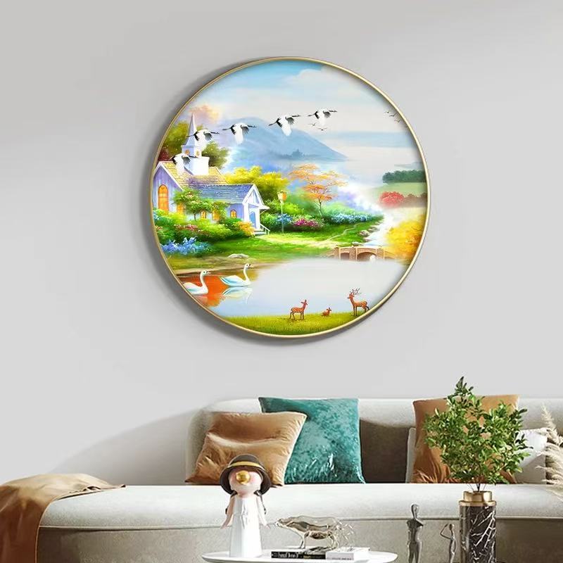 轻奢新中式客厅玄关山水风景画圆形装饰画餐厅晶瓷画灯光福鹿挂画
