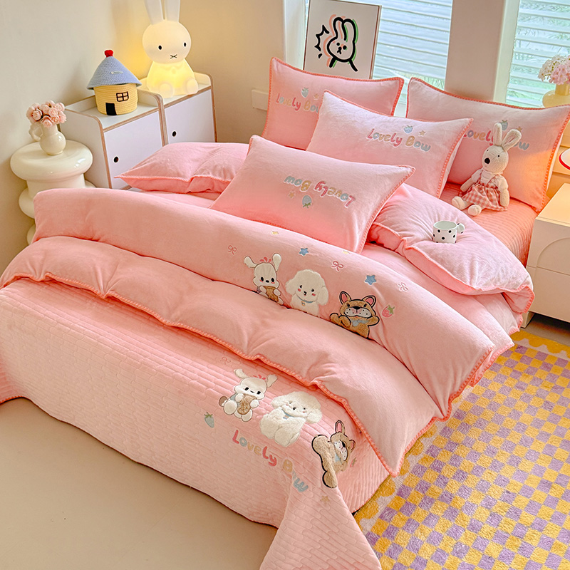 加厚双面卡通牛奶绒兔毛贴布绣床盖款四件套床品套件冬季保暖秋冬