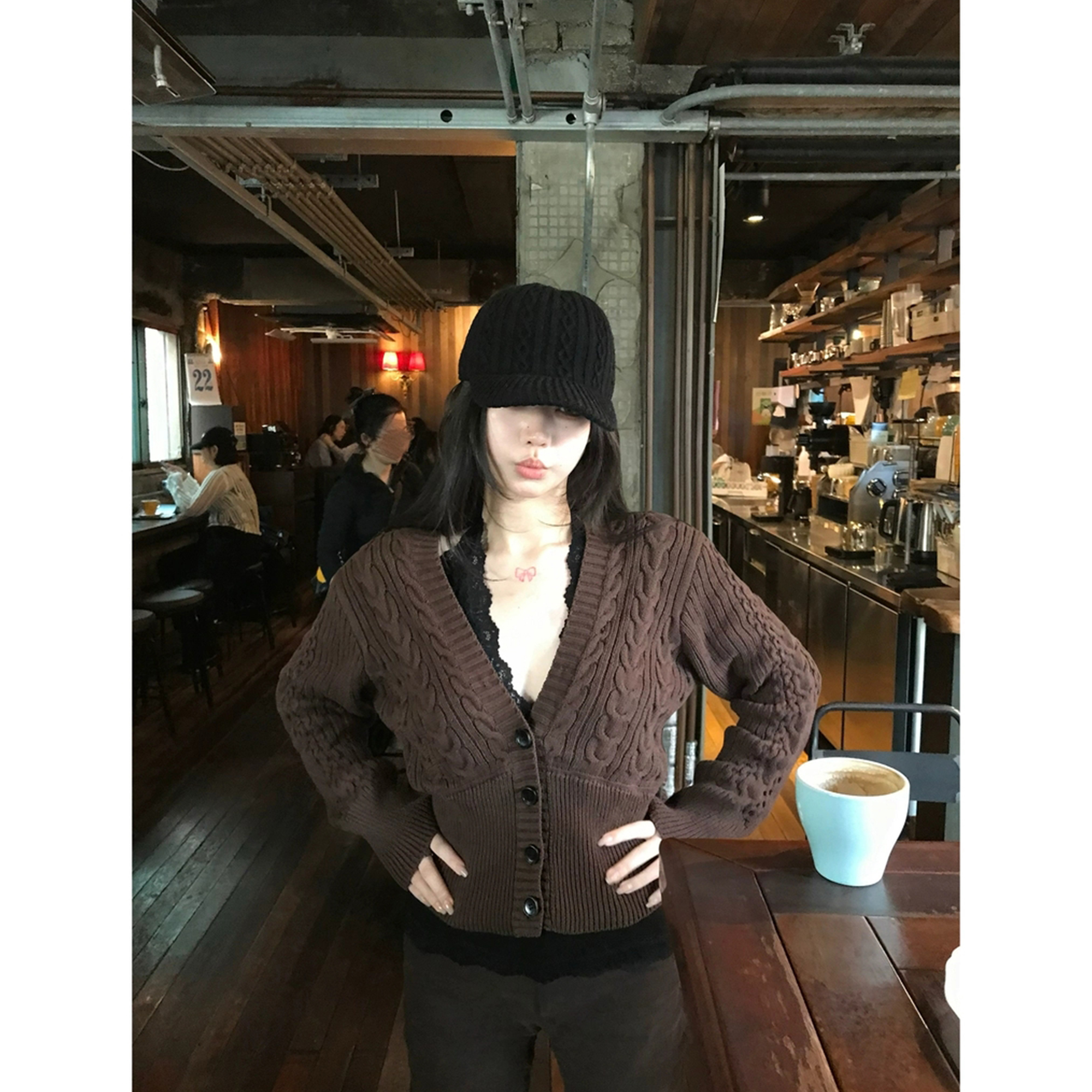 大v领麻花针织开衫内搭蕾丝拼接吊带背心两件套女秋冬Q 5031#