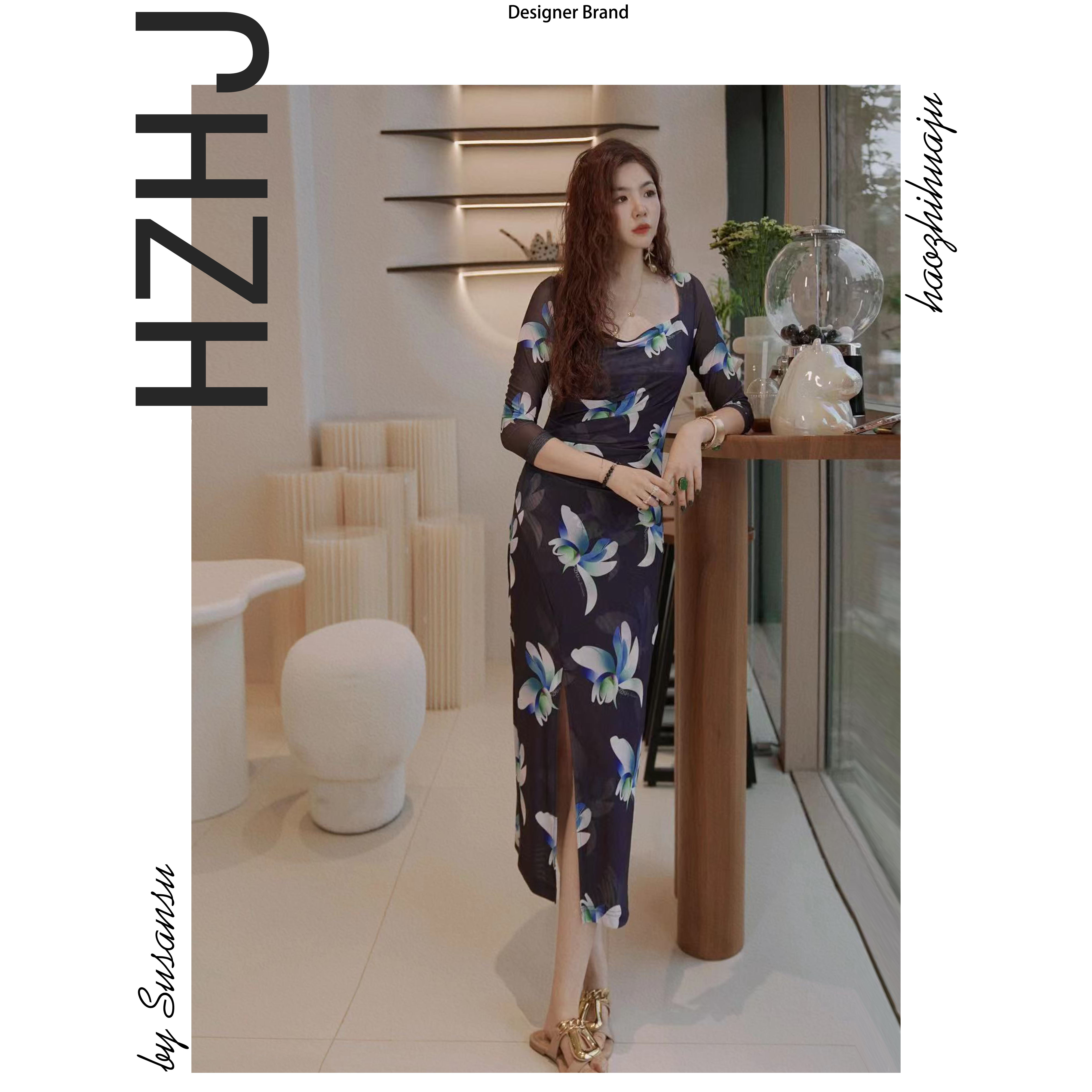 HZHJ新款原创设计师款黑耀兰花连衣裙显白显瘦高级轻奢通勤763
