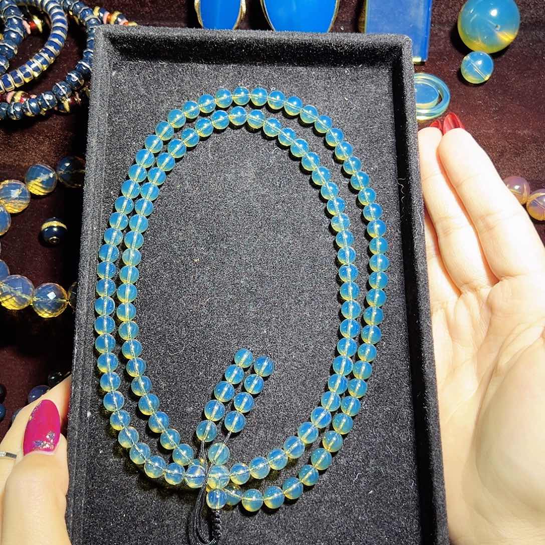 蓝珀珠宝奇石未镶嵌蓝珀异色净水108毕业7mm