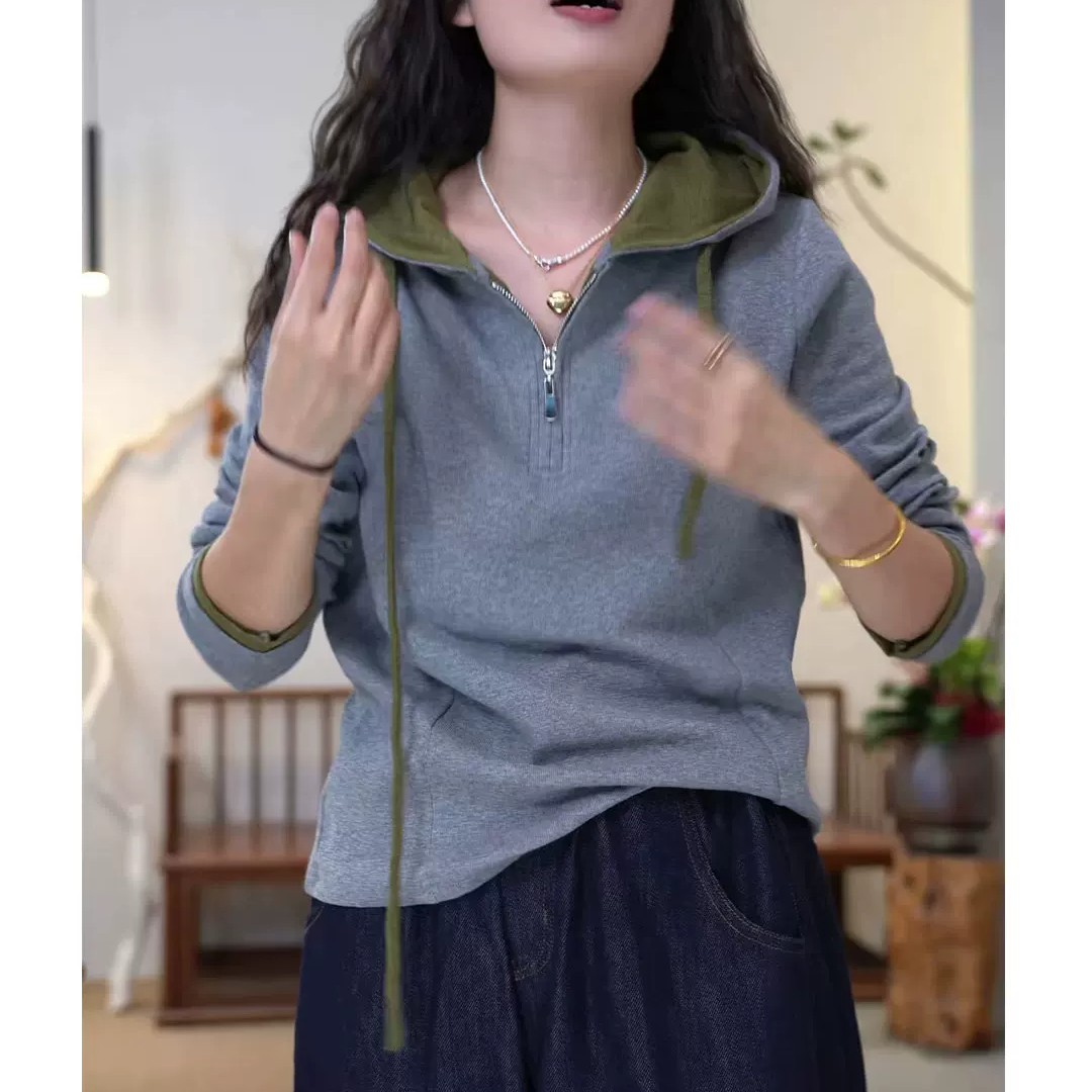 秋季新款时尚休闲半拉链连帽卫衣女装减龄撞色打底衫保暖