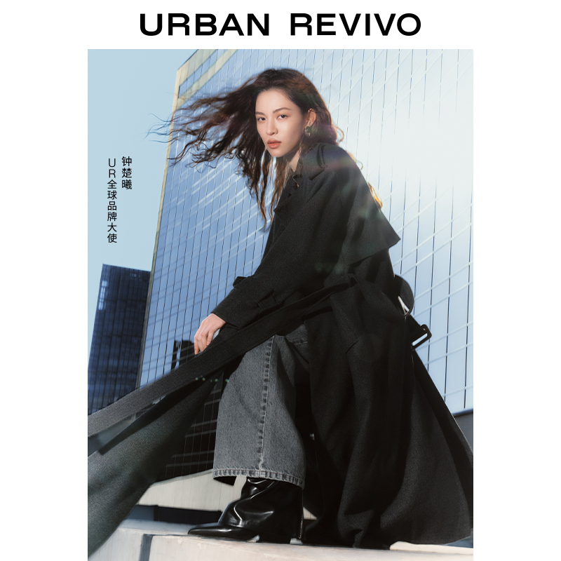 UR2025秋季新款女潮流格雷系长款系带大衣呢料外套UWJ150027