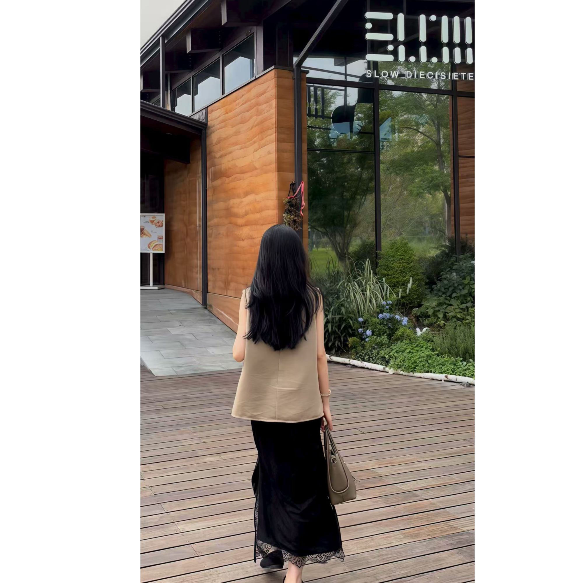 【LIUQI】半身裙两面穿重磅缎面蕾丝开叉弹力腰黑色半身裙