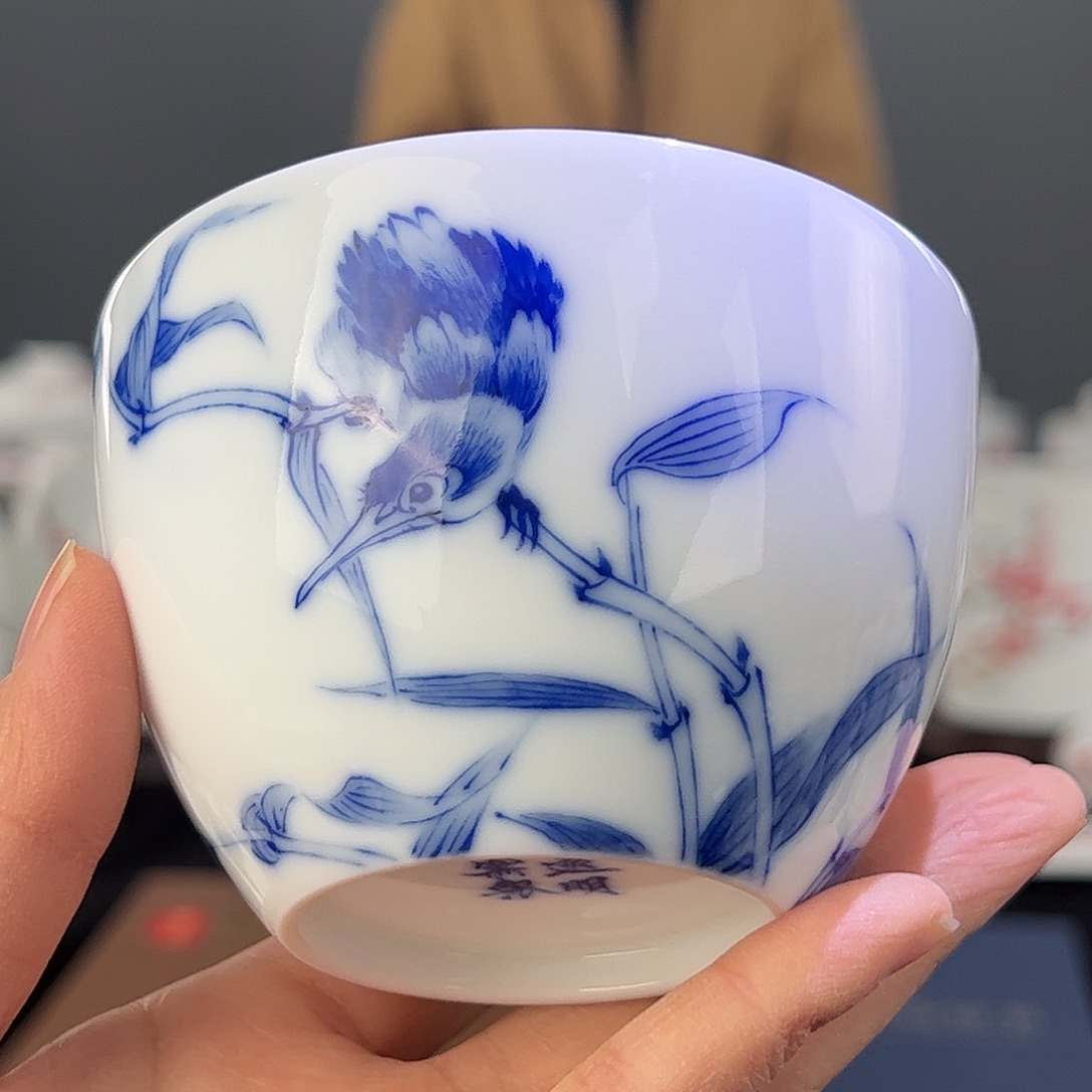 瓷柴窑 青花单翠缸杯