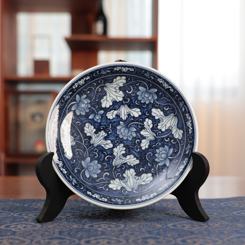 当代 【栗子严选】蓝地碧莲壶承 陶瓷手绘茶具配件（moshe246）