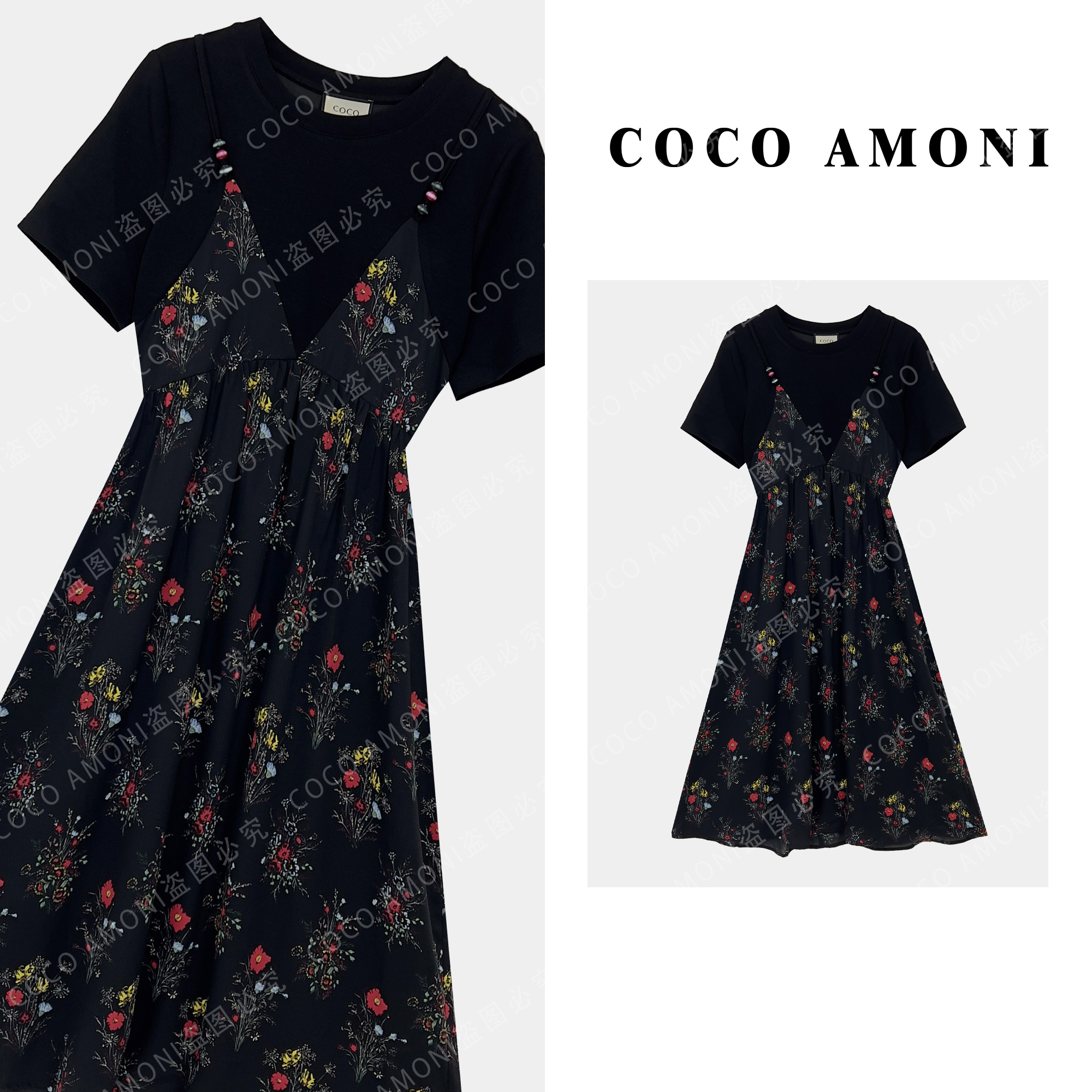 新款高级重工设计女装拼接碎花假两件显瘦气质连衣裙AC667