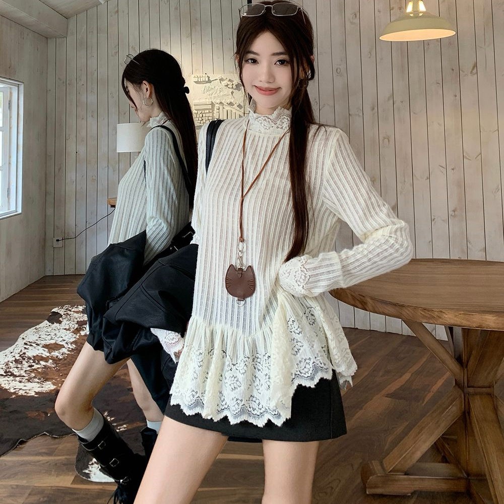  设计感蕾丝花边长袖内搭别致小众千金风打底t恤衫半高领春秋上衣