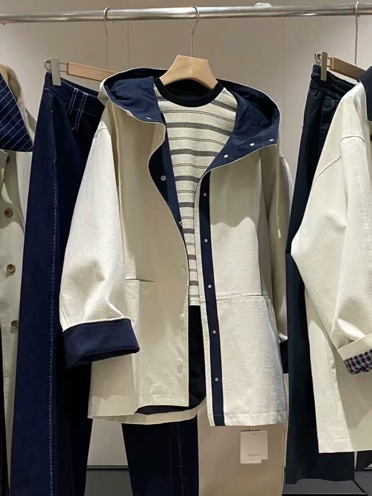 韩系撞色高级感风衣外套女春秋新款小个子连帽爆款日系英伦风休闲