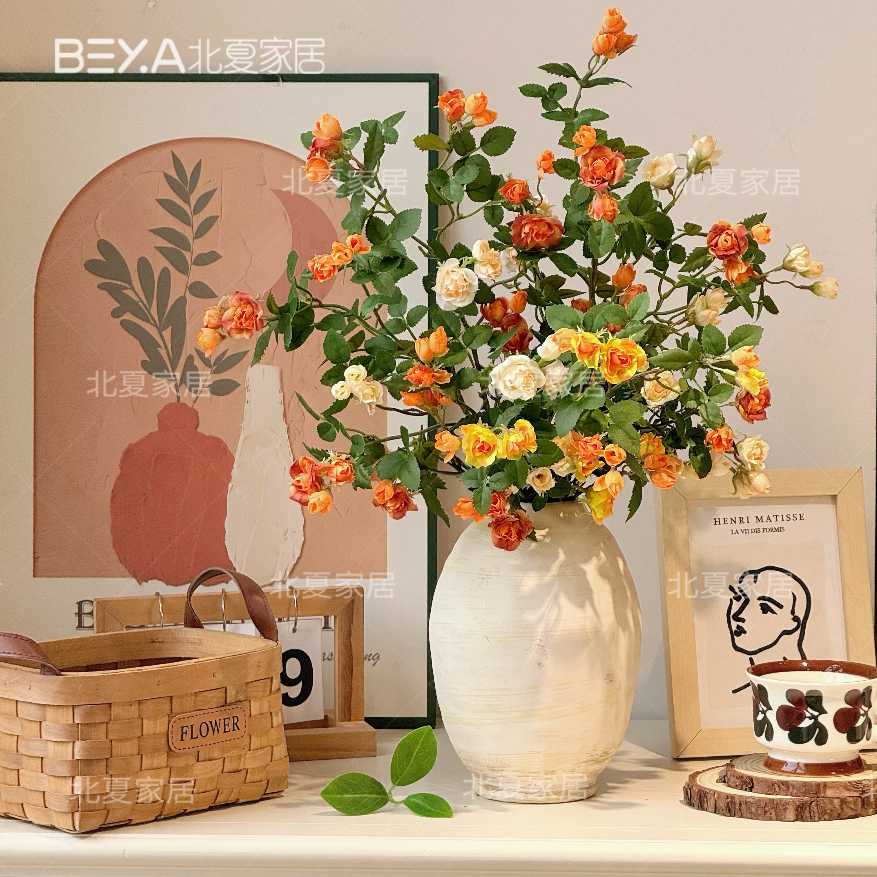 仿真蔷薇花玫瑰花假花作客厅餐桌桌面干花装饰摆件插花假花花束