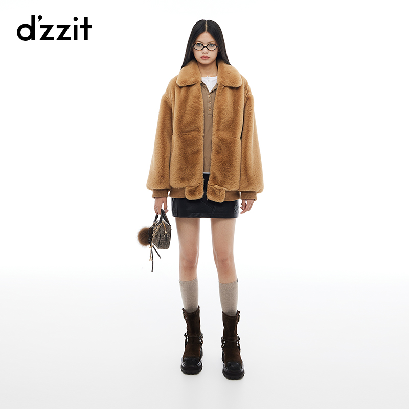 【专属】dzzit地素短外套冬季雅丹风翻领软糯毛茸茸纯色夹克女3I4G1