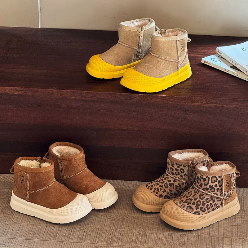 儿童雪地靴2025新款冬真皮短靴加绒加厚男童大棉鞋防滑女童保暖鞋