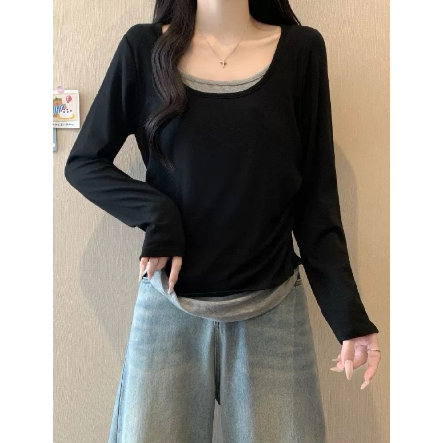 妮妮家8652新款慵懒风撞色拼接基础款正肩假两件打底衫