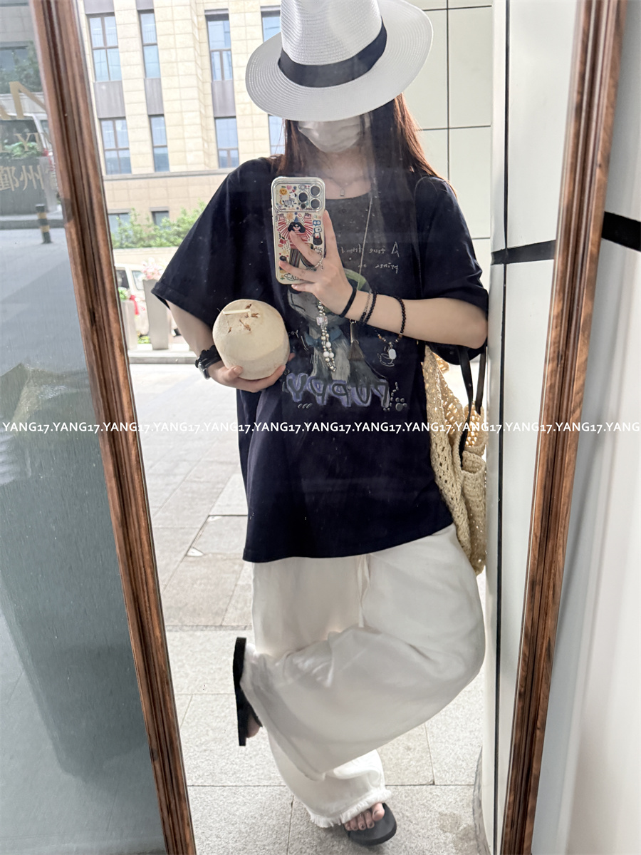 杨十七 “眼镜狗”卡通印花短袖宽松大版藏青色T恤 男女同款情侣装