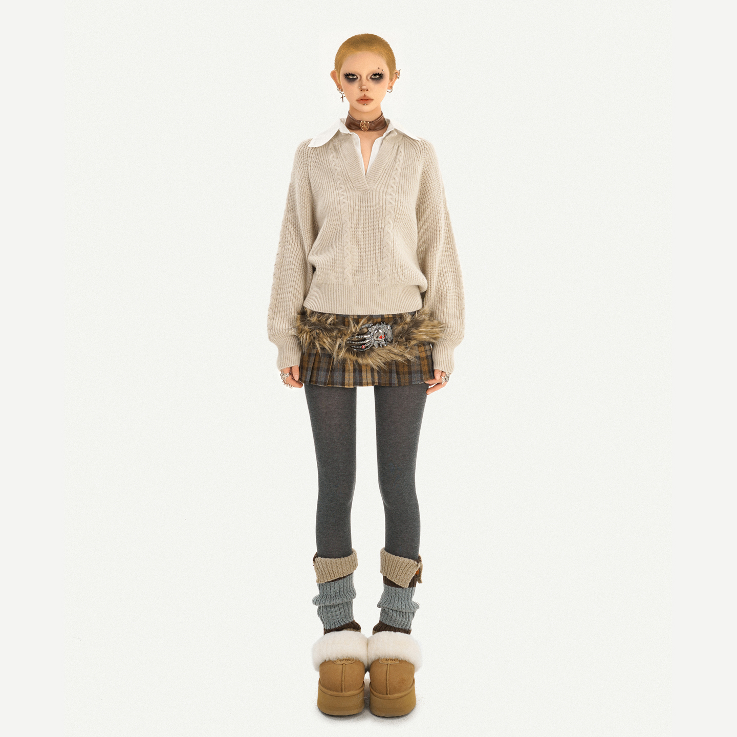 奶酷墨莉【现货】美式学院假两件翻领绞花针织毛衣秋冬厚上衣S25996