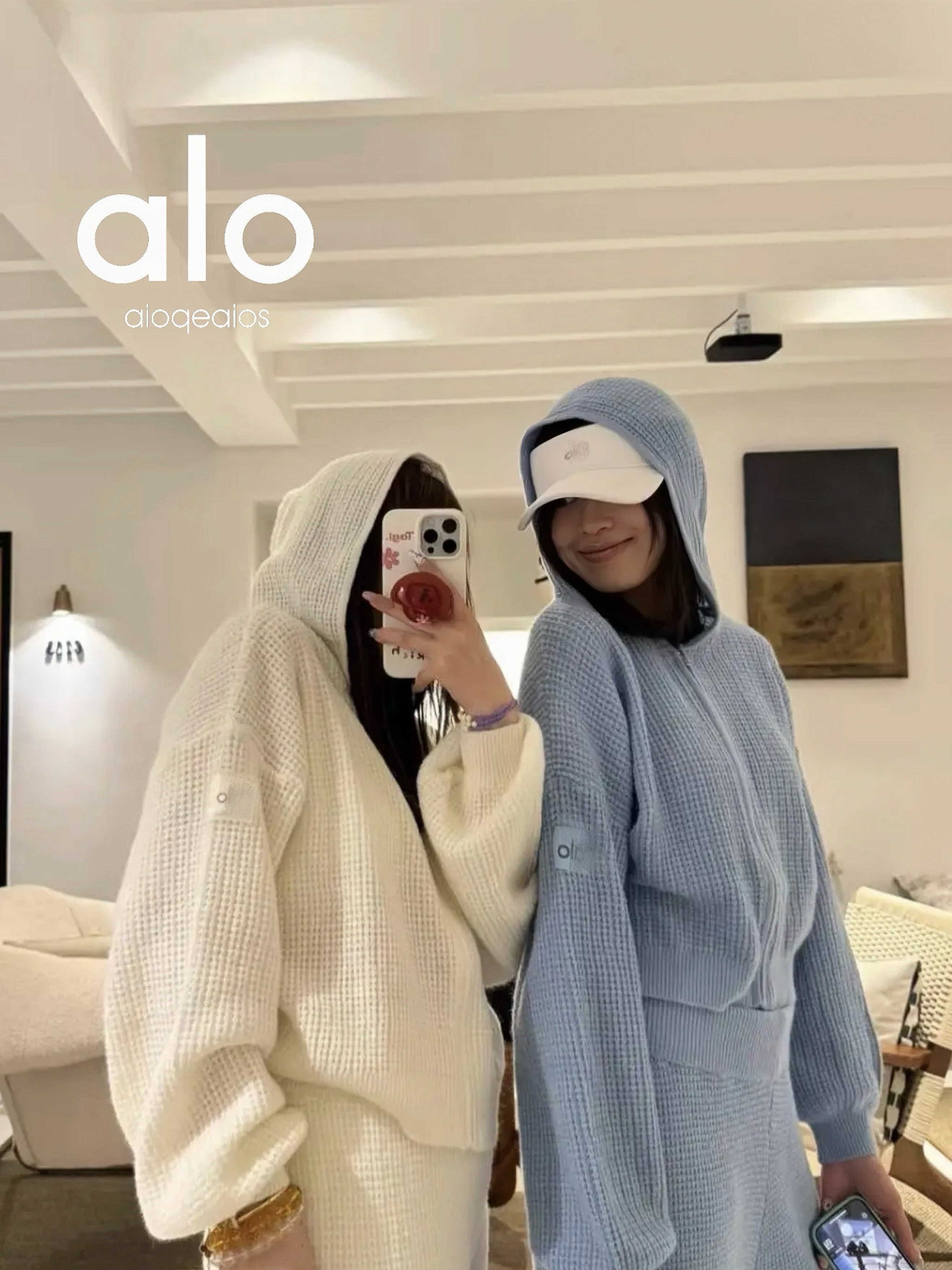 aioqeaios秋冬宽松华夫格白女慵懒风连帽套头款针织衫女学生韩系