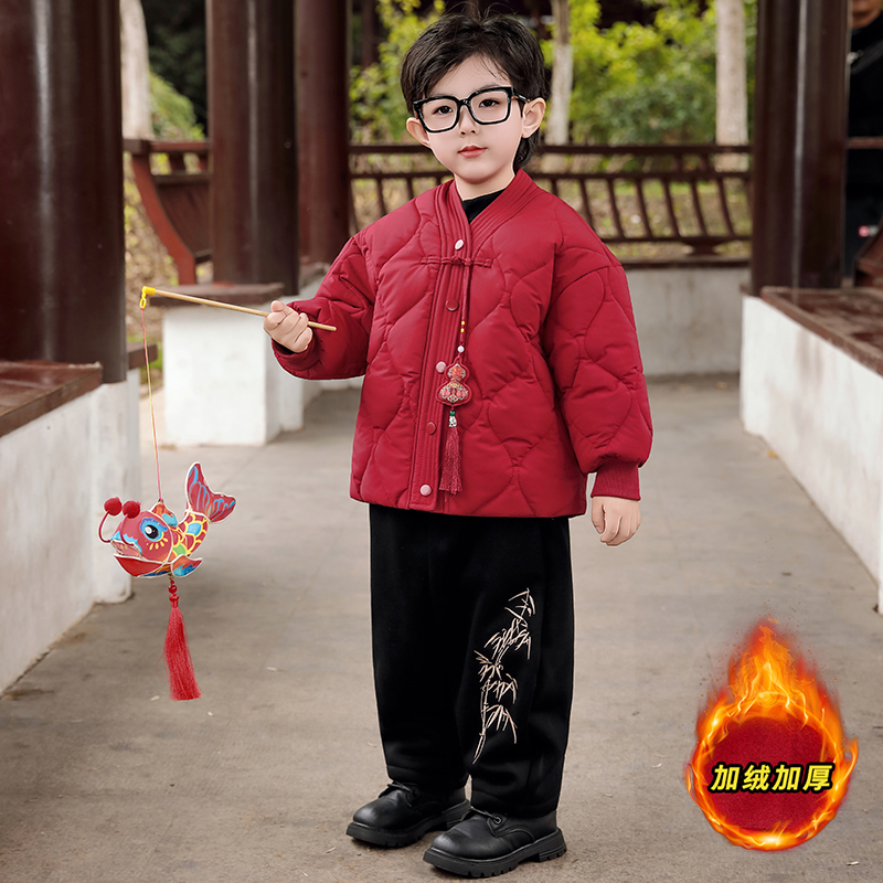 拜年服男童汉服套装小少爷红色棉服儿童国风唐装宝宝喜庆过新年服