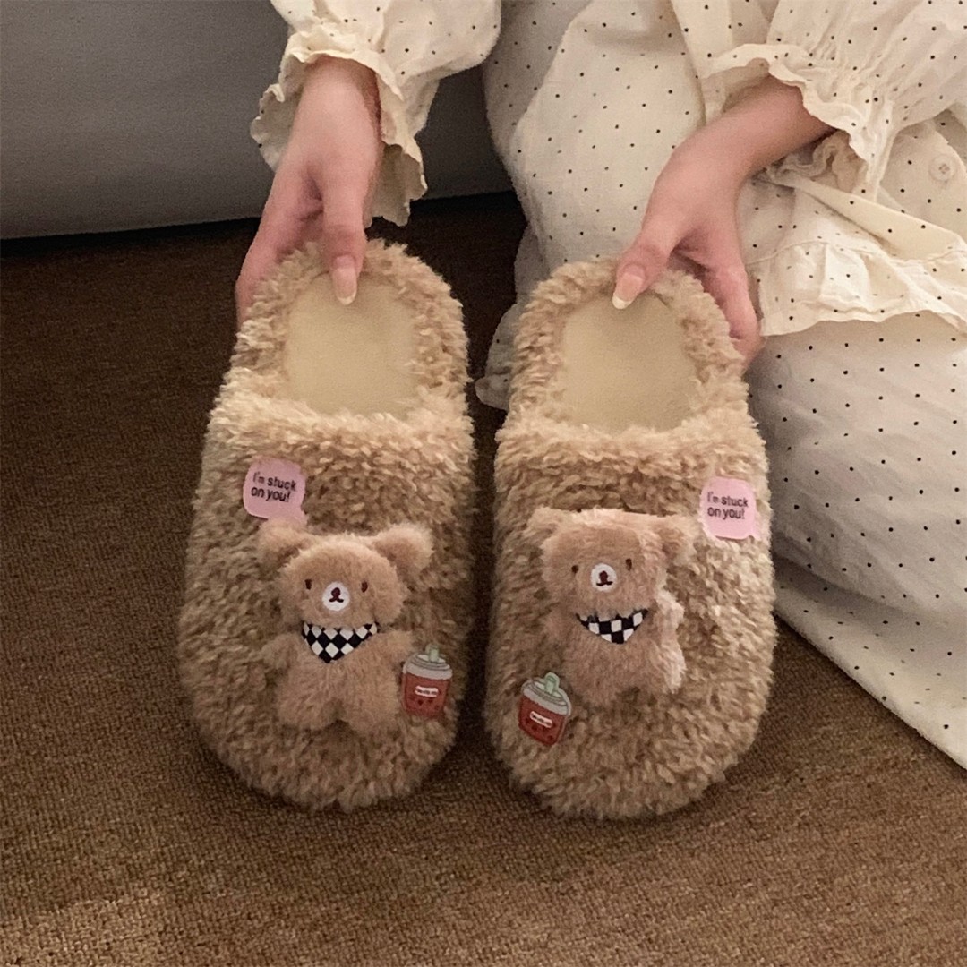 细细条 女士软底防滑时尚毛毛鞋足弓支撑居家围巾小熊冬季棉拖鞋