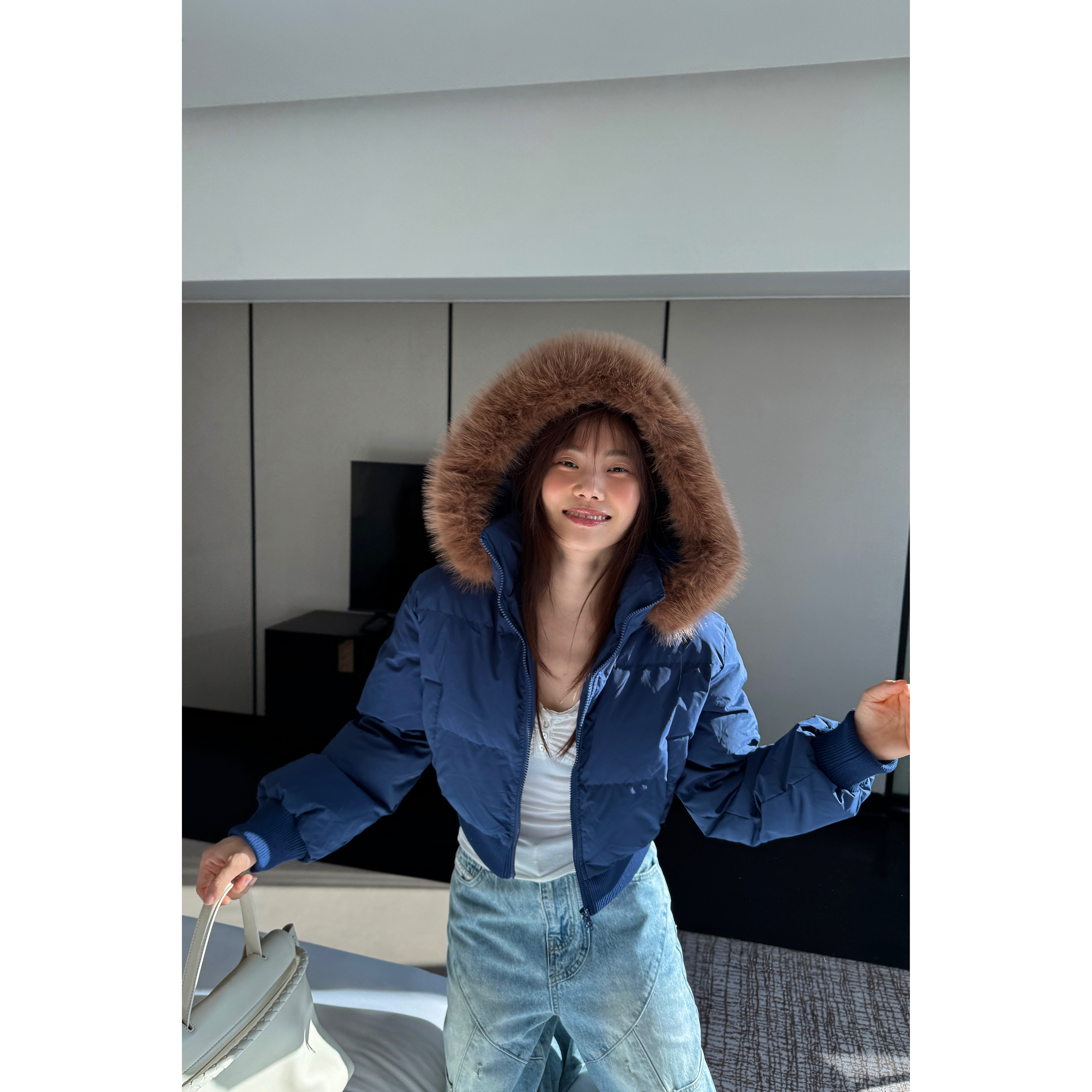 JINGDL【海洋奇缘】90%白鸭绒冬季休闲连帽毛领可拆卸短款羽绒服