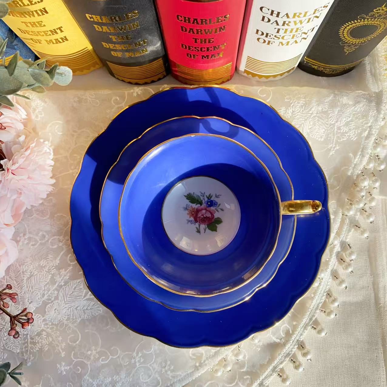 蓝色花卉一杯两碟阔口咖啡杯