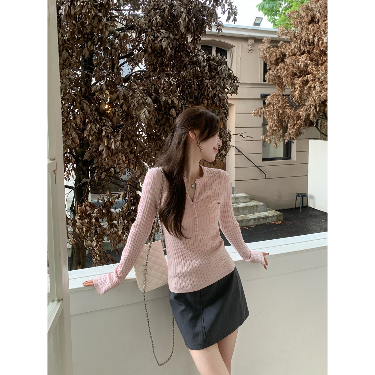 morningbloom纽扣半开领麻花长袖针织衫女秋季修身打底巨琥珀流光