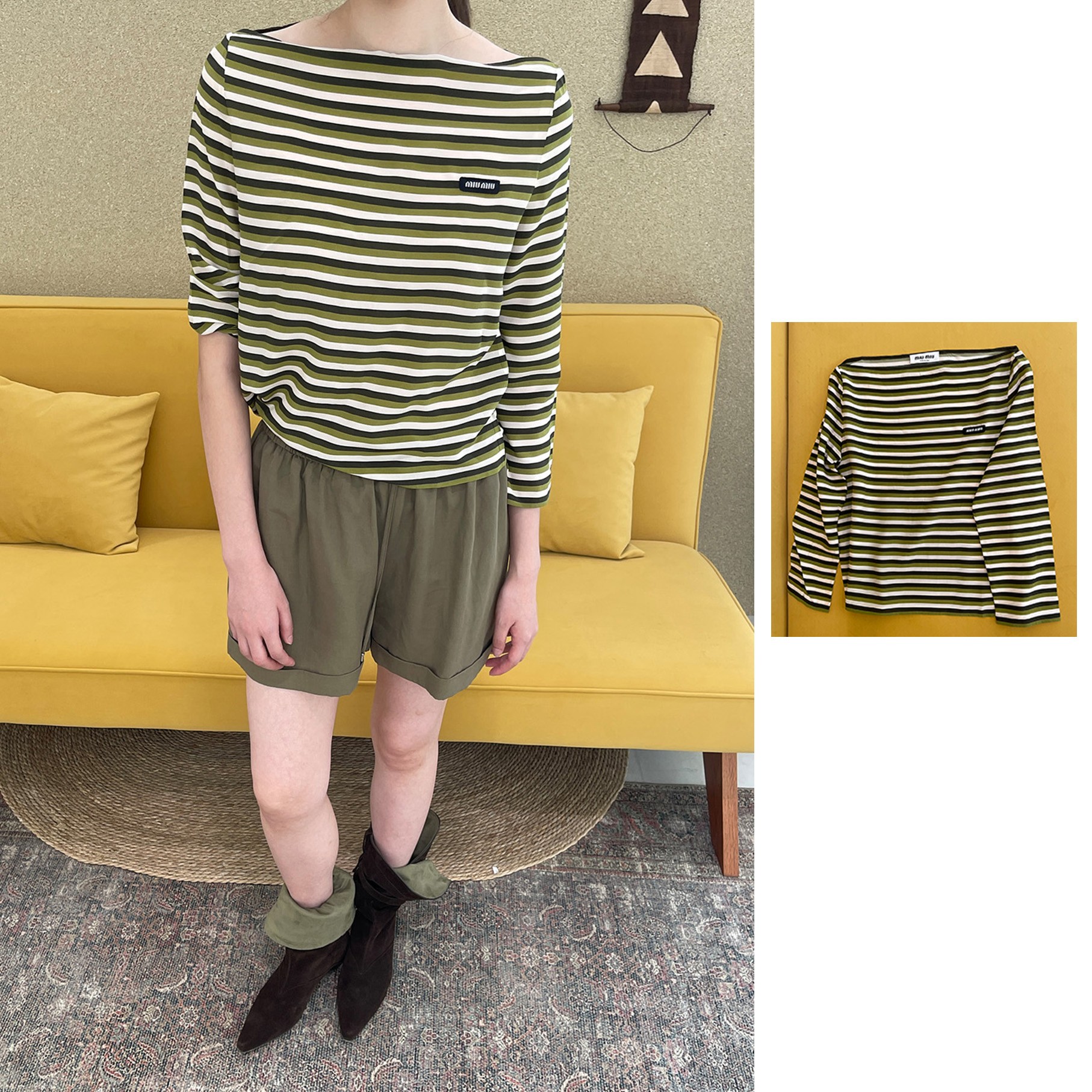 未使用 MIU MIU/缪缪 棕绿色条纹宽领口上衣 MT2144-1731-F04DA
