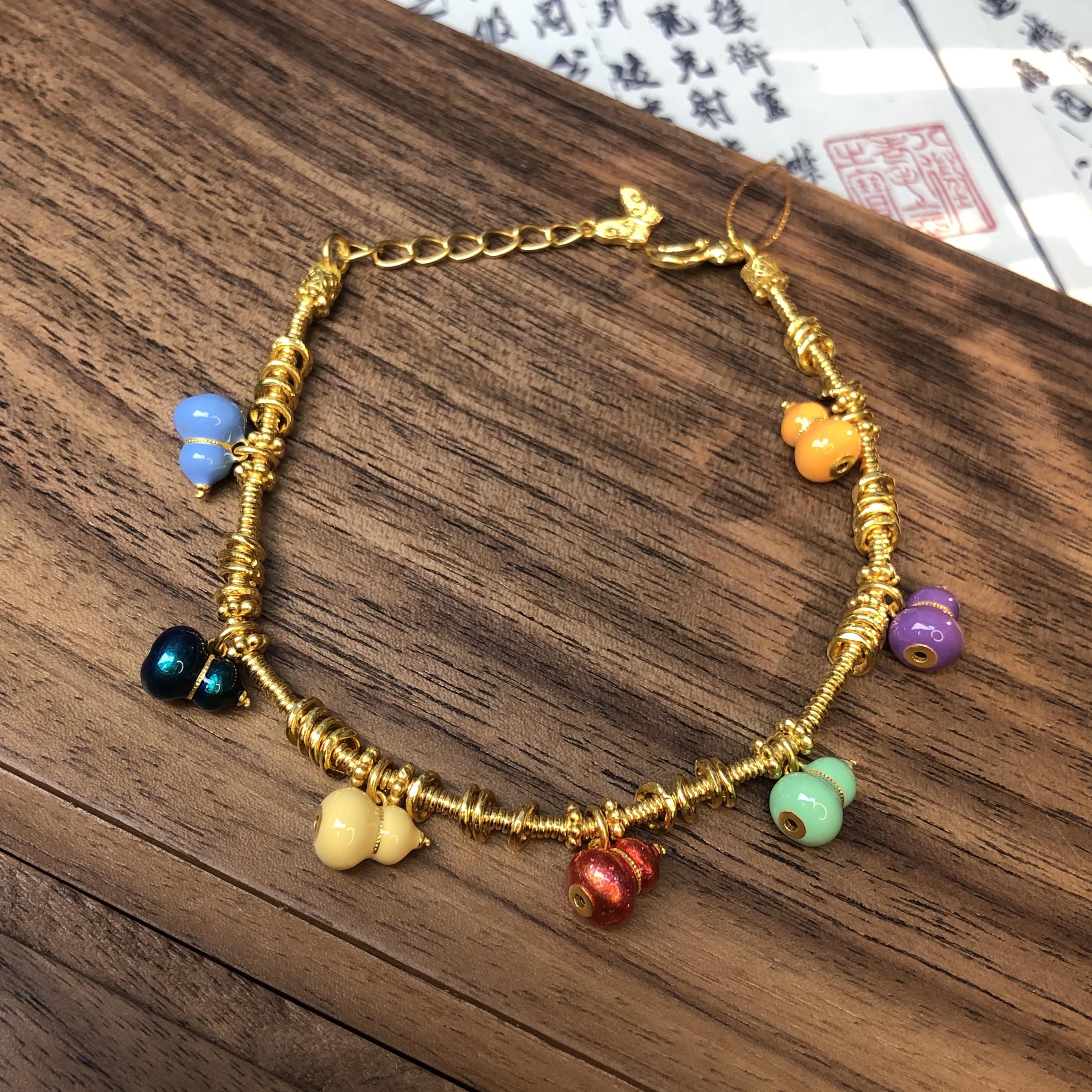 黄金足金999古法高温烧蓝珐琅彩七彩葫芦手串手链