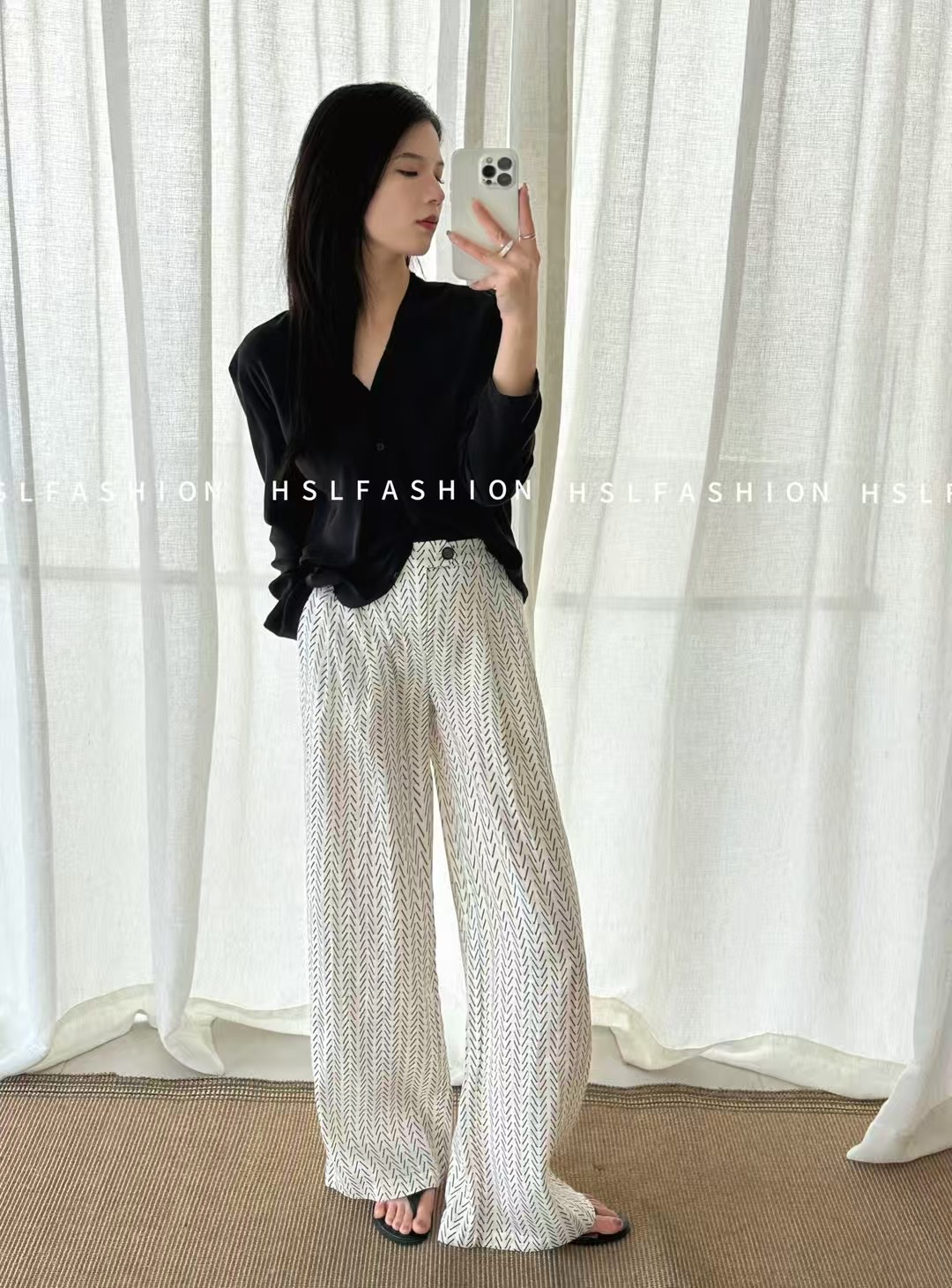 春夏高腰直筒宽松显瘦百搭抽绳可调节长款休闲阔腿裤女