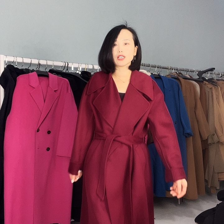 双面呢大衣风衣款M码酒红色
