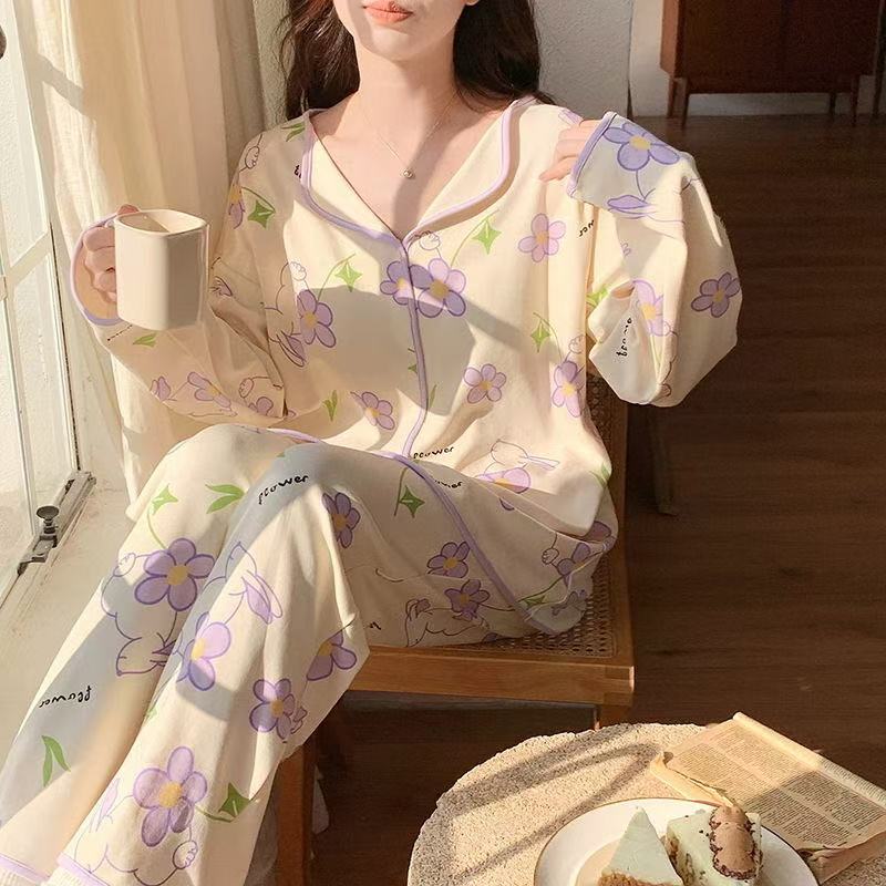 女士长袖睡衣春秋季带胸垫家居服甜美可外穿