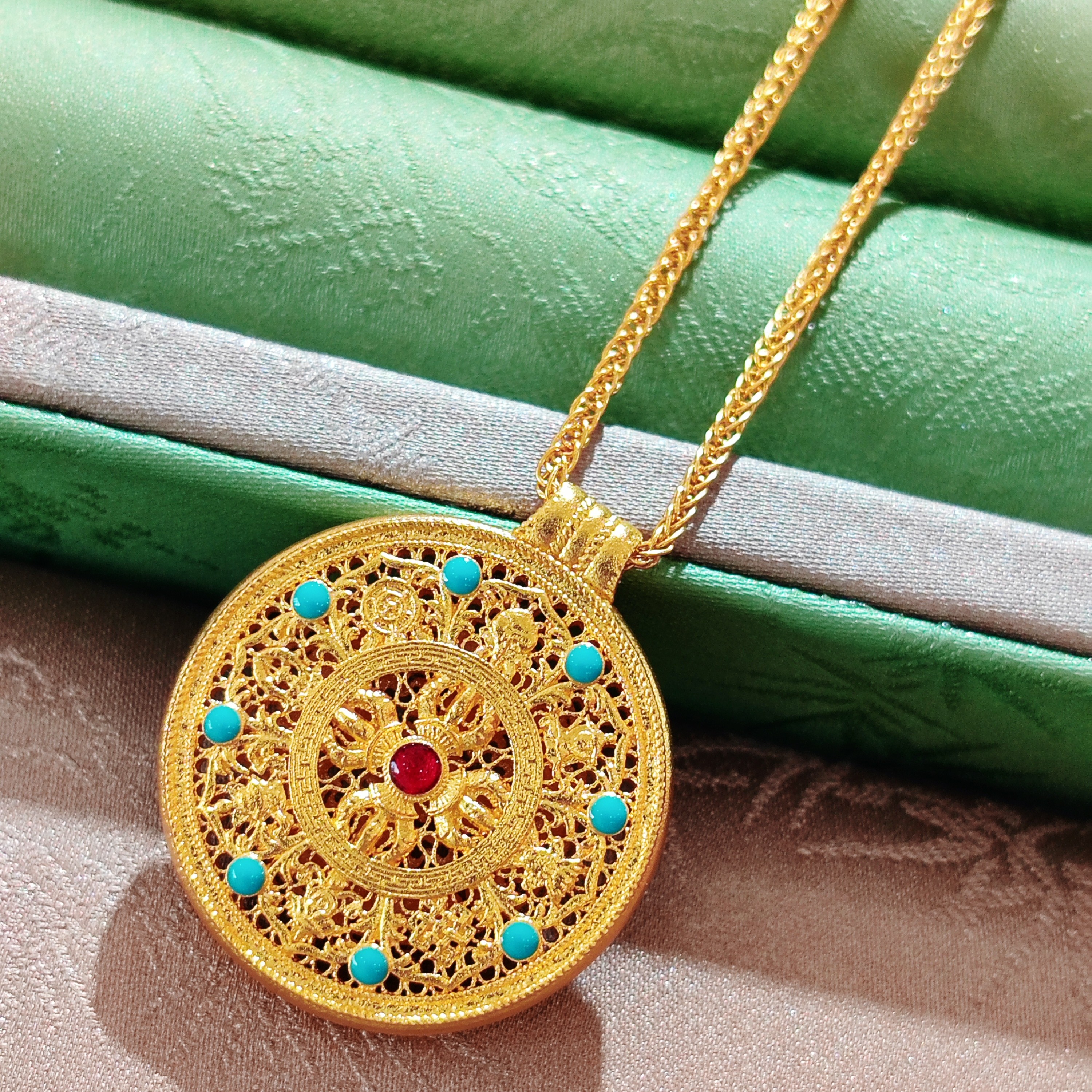 足金999珐琅罗盘套链女士精致套链M扣