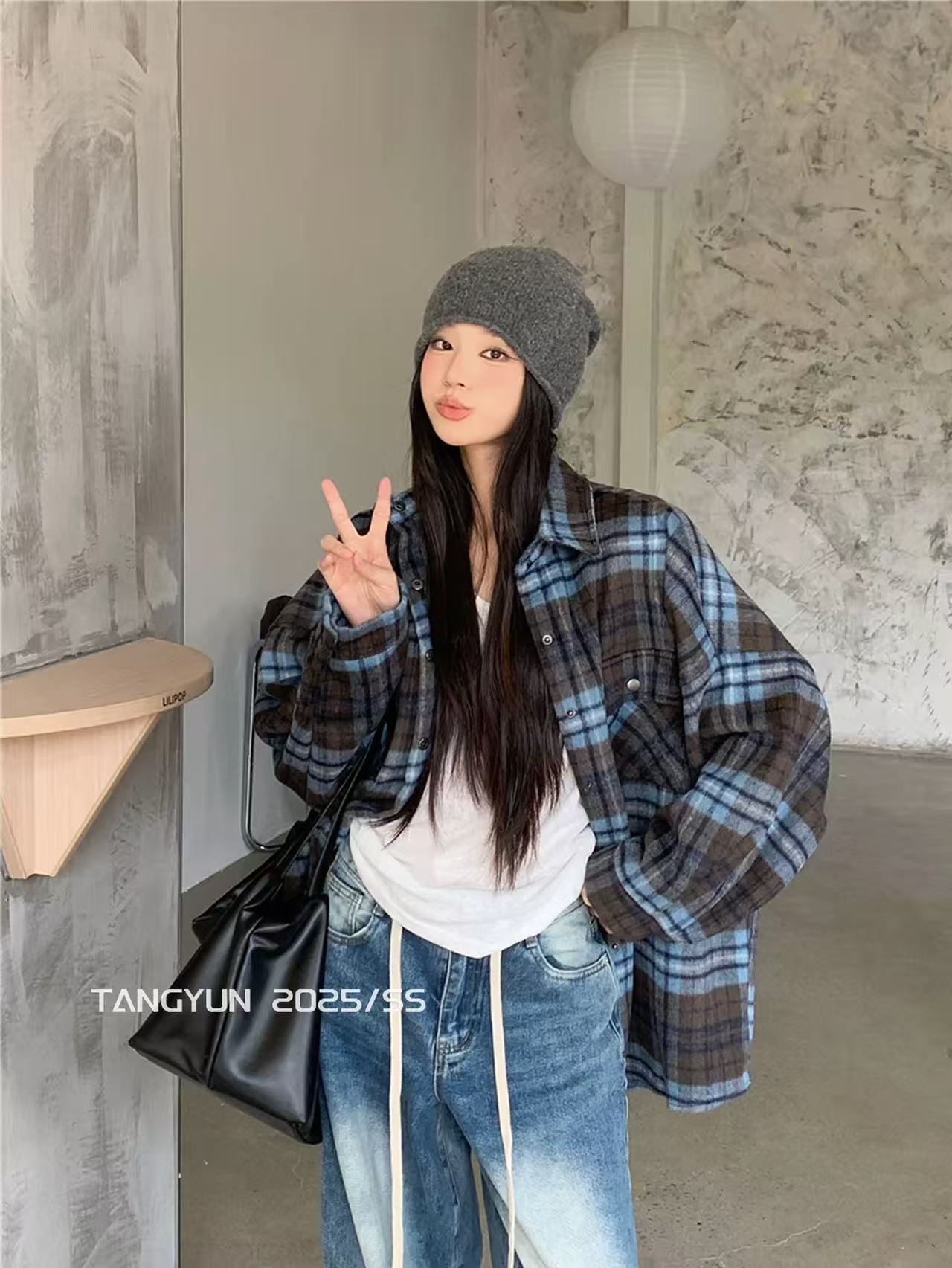 833 陈思思莫兰迪蓝新款宽松慵懒风加绒加厚格子毛呢外套女