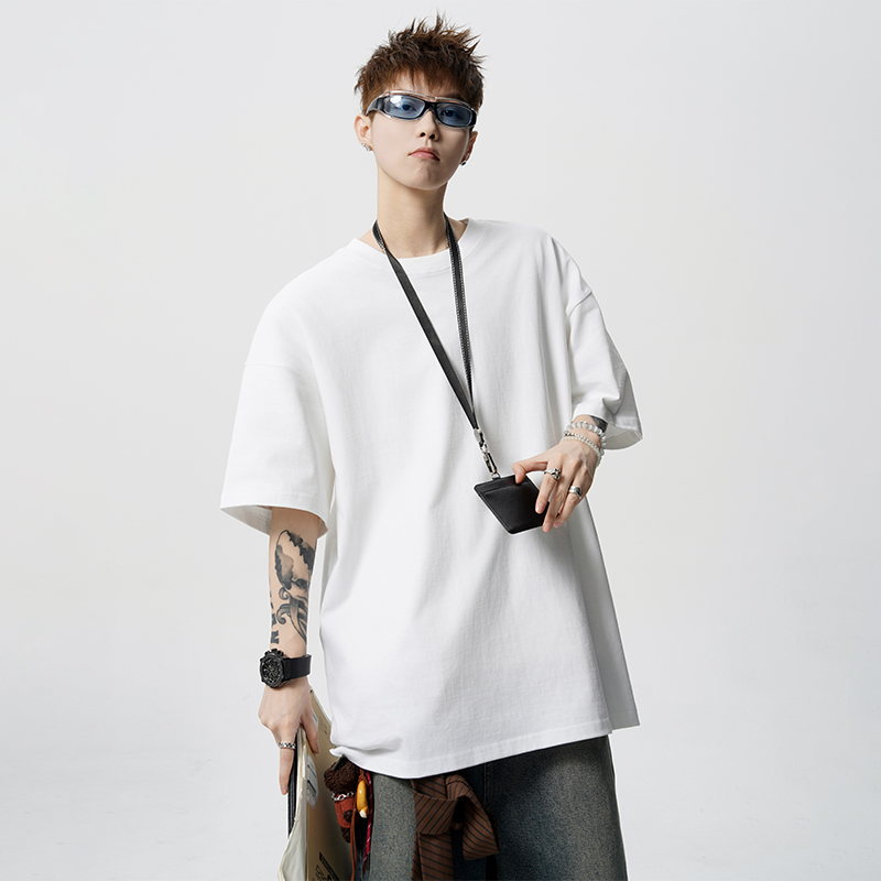 美式白色纯棉300g重磅落肩短袖t恤男2025新款秋季宽松半袖衣服