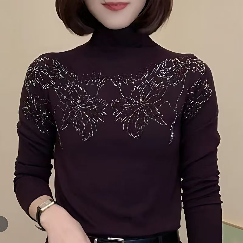 半高领烫钻打底衫秋冬妈妈装长袖T恤女显瘦百搭纯色遮肚德绒上衣