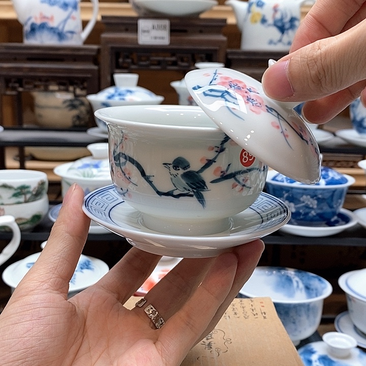 纯手绘喜上眉梢160cc三才釉下彩微瑕福利款