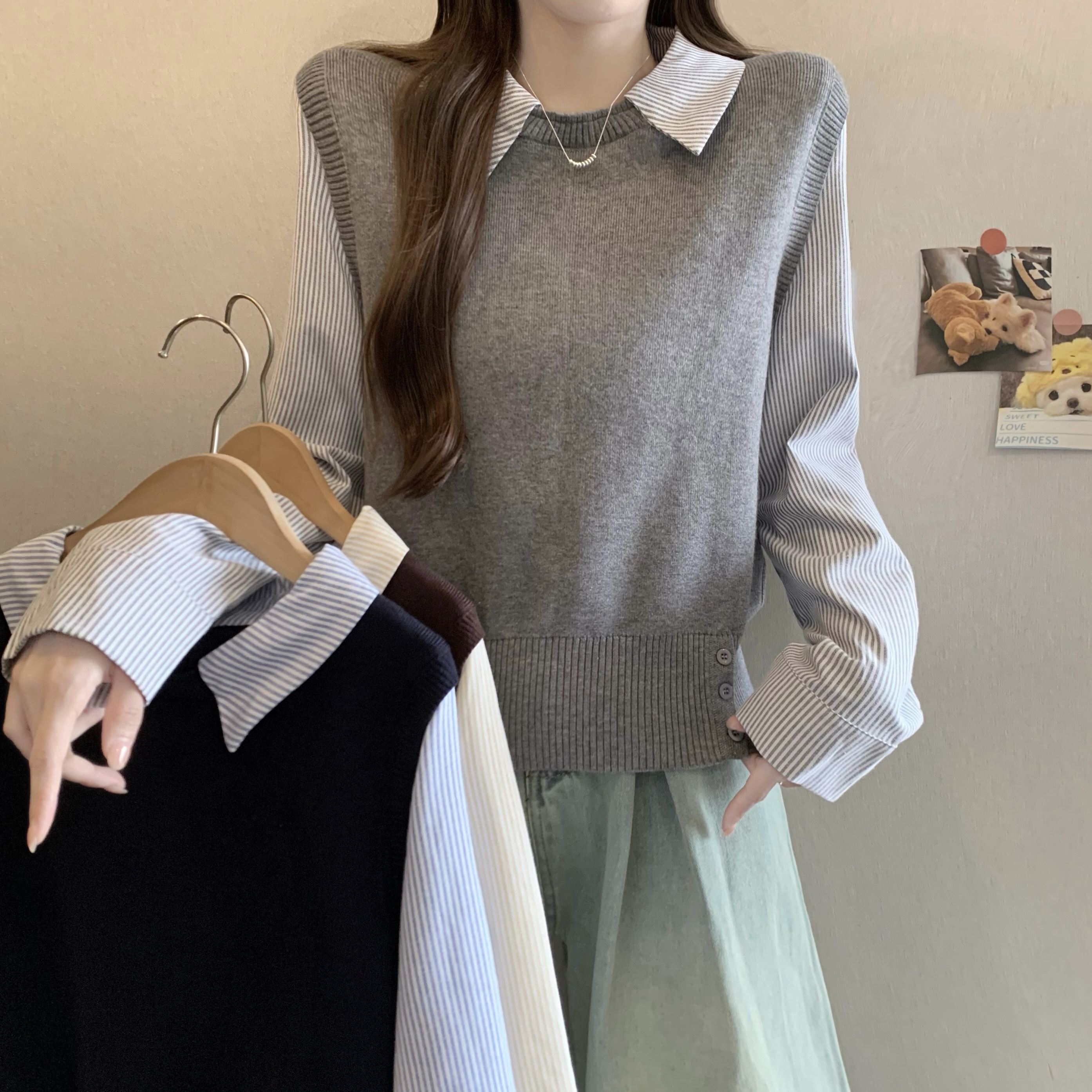 衬衫领袖假两件设计款秋冬新款针织衫大码女孩假两件3803